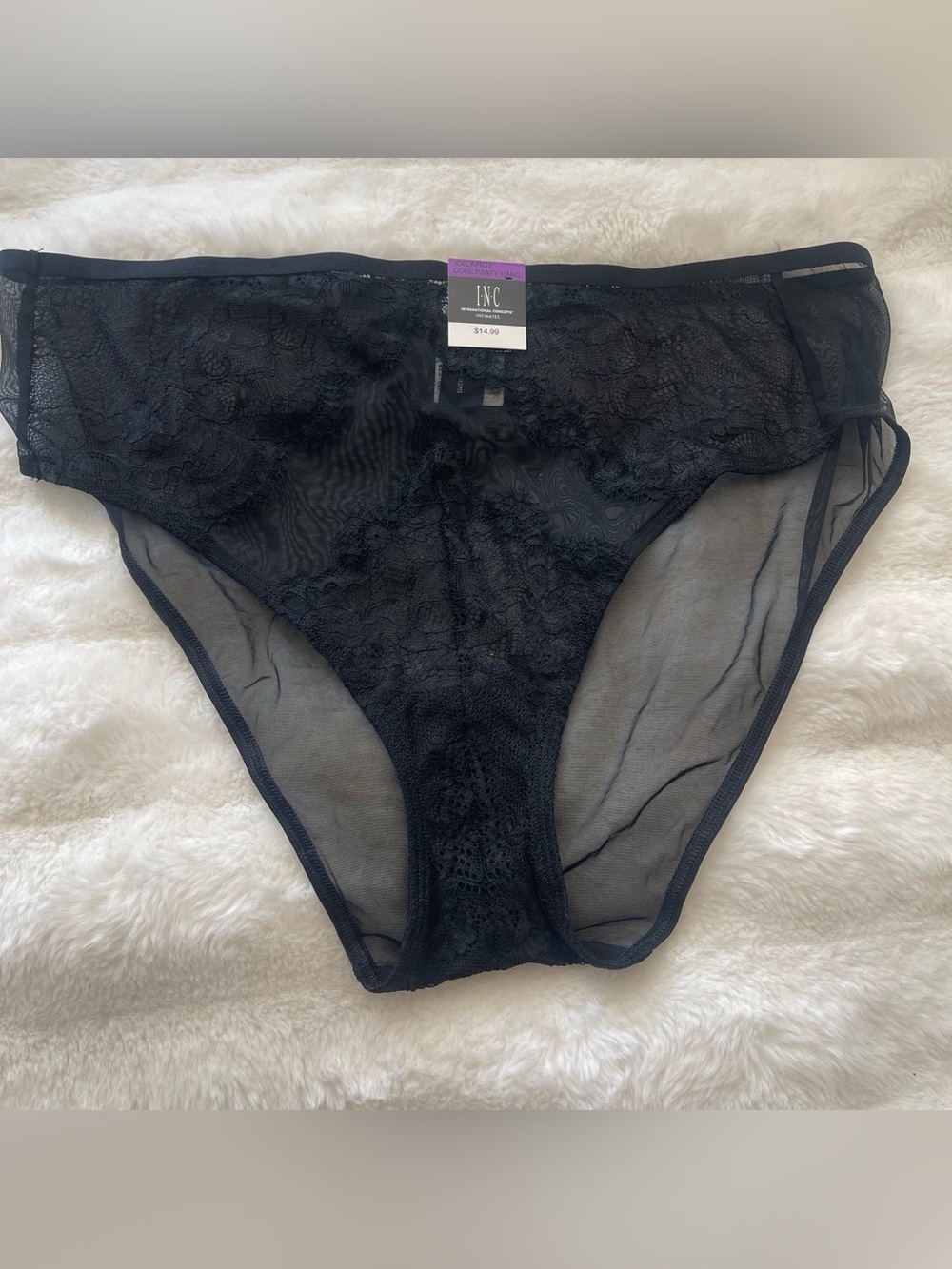 INC International Concepts Women High Waist Lace Trim Mesh Brief Deep Black XXL - Picture 2 of 7